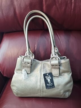 Tignanello Metallic Gold Shoulder Bag with Buckle Accents